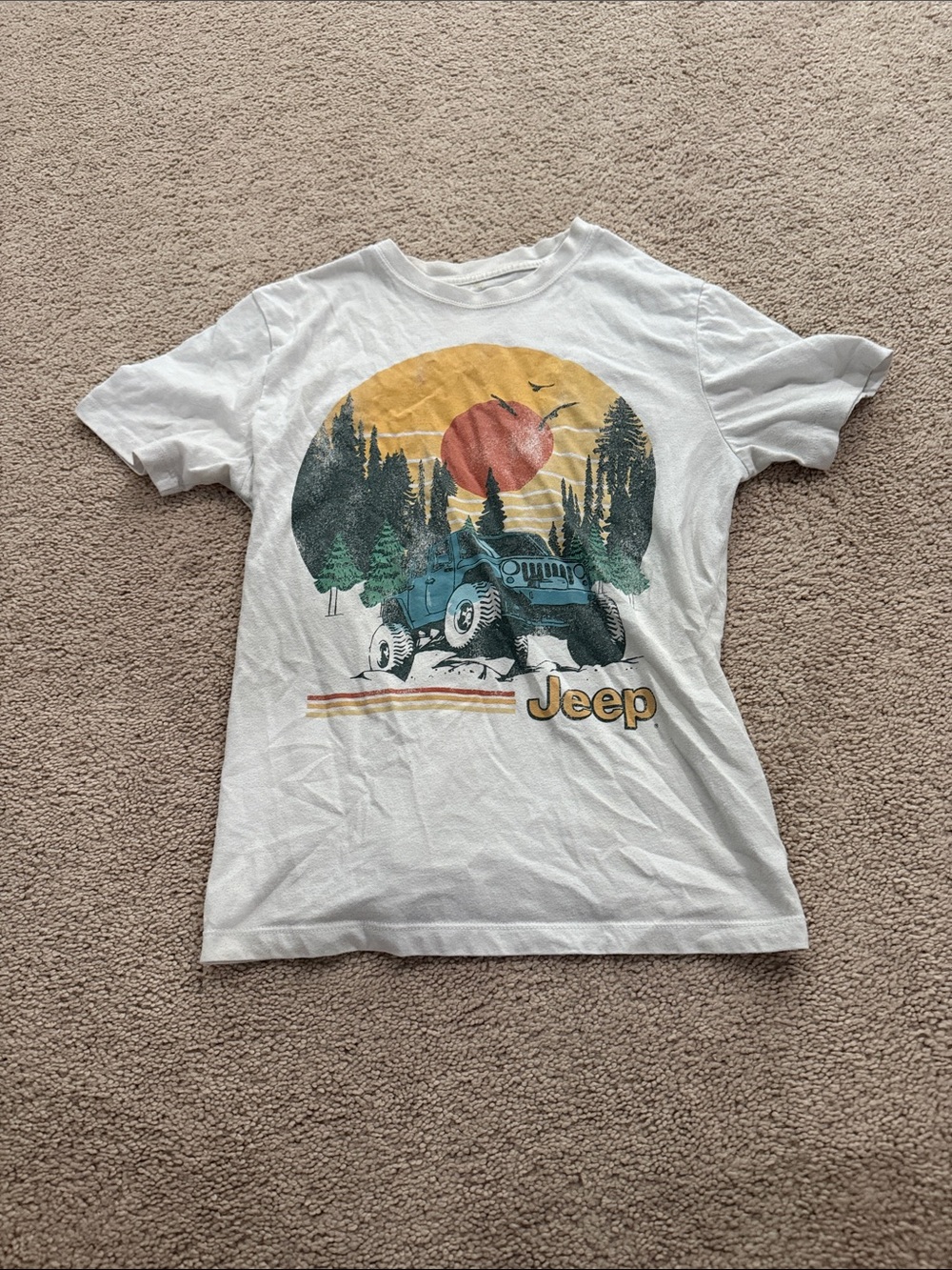 Target White Kids Tee with Green Jeep & Sunset Graphic